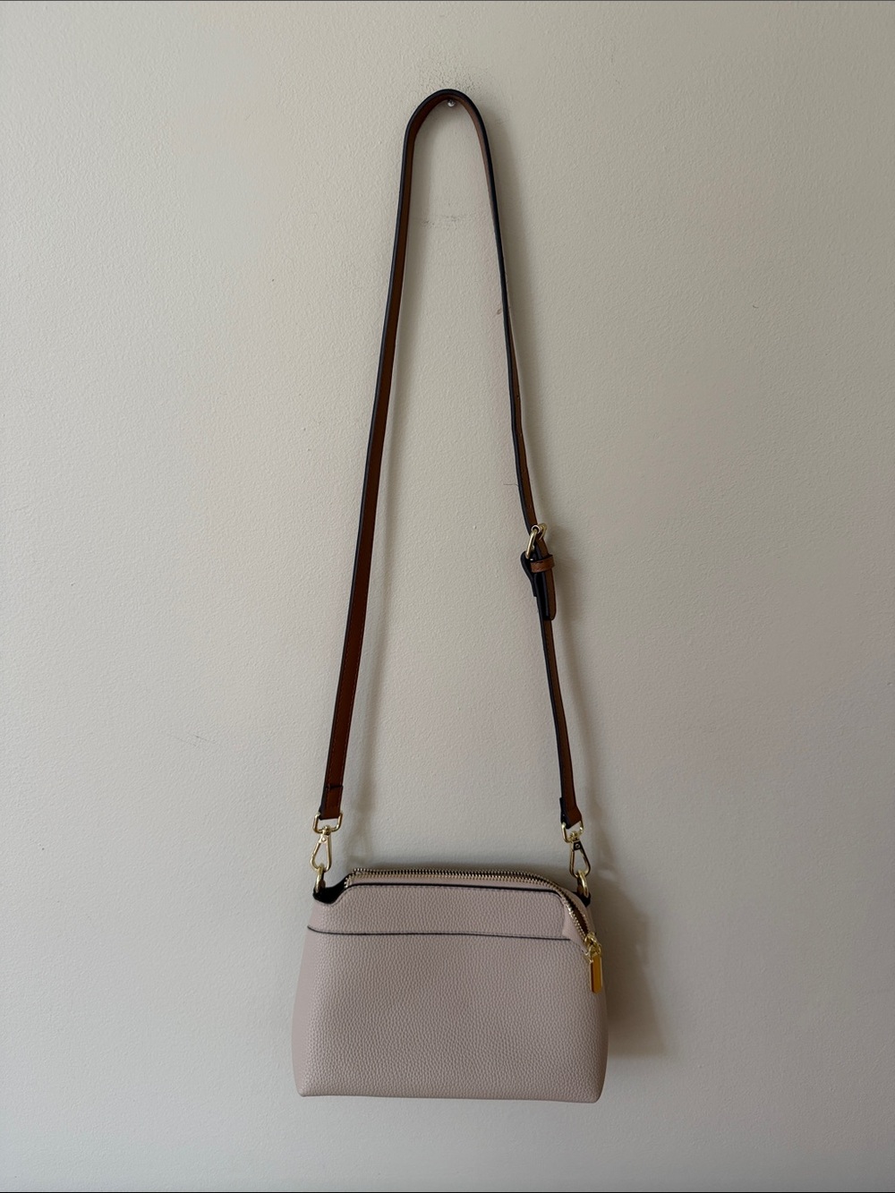 Women's Crossbody Bag in Light Taupe with Brown Strap